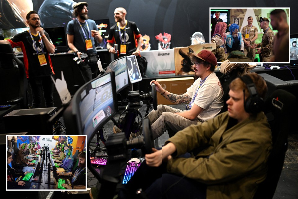 Collage of people playing video games and interacting at a gaming event.