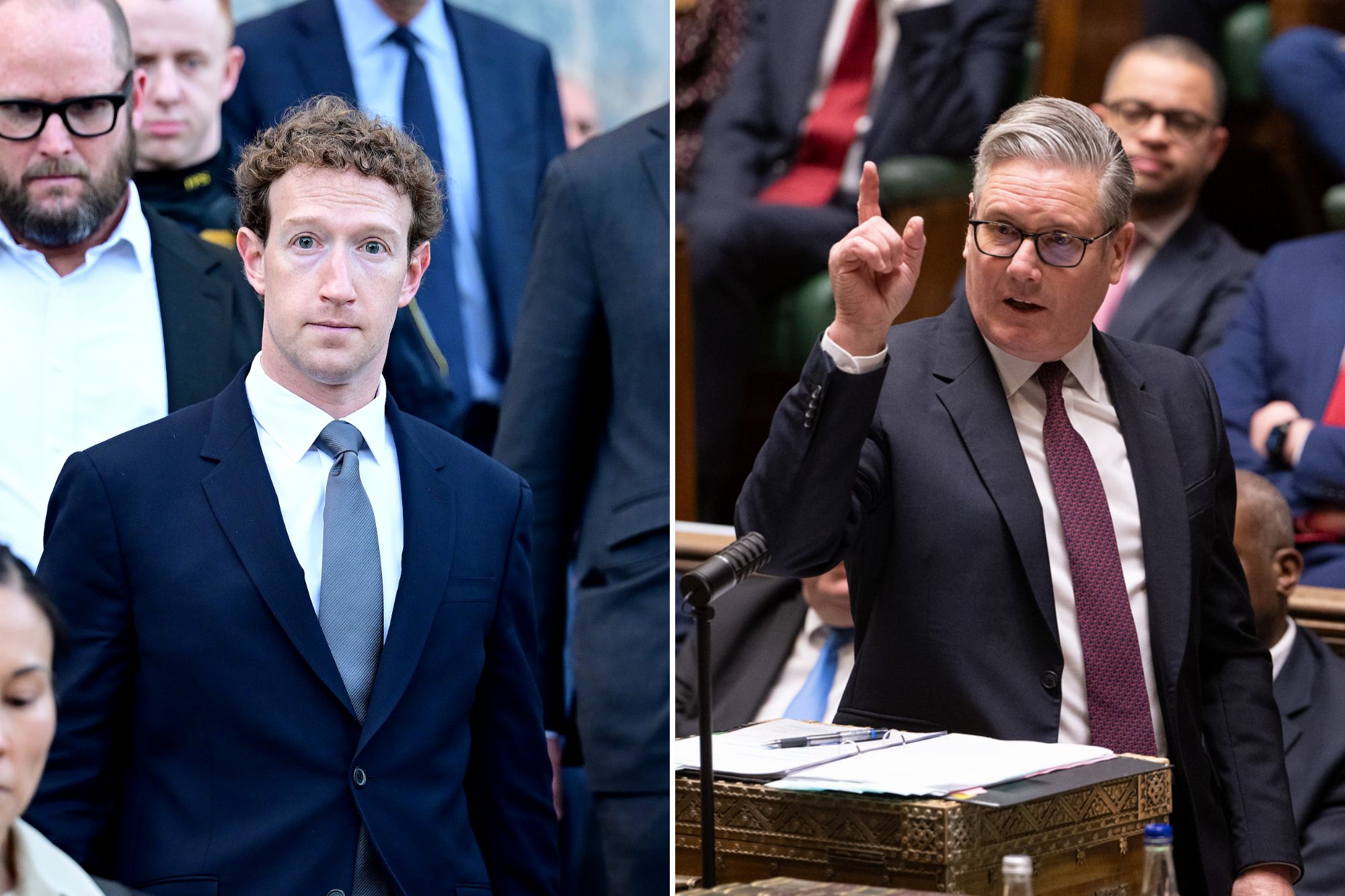 An image collage containing 2 images, Image 1 shows Meta CEO Mark Zuckerberg leaves the Los Angeles Superior Court, Image 2 shows Prime Minister Sir Keir Starmer speaking during Prime Minister's Questions in the House of Commons