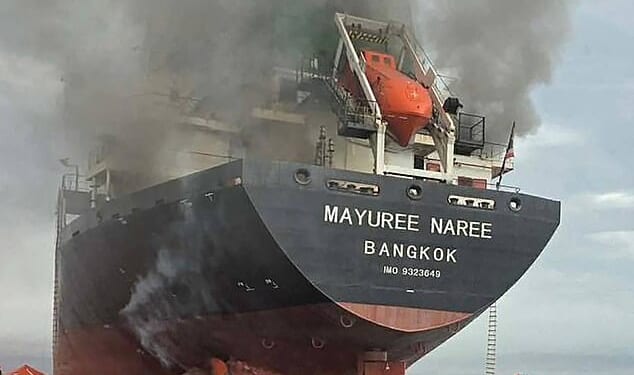 Smoke rising from the Thai bulk carrier 'Mayuree Naree' near the Strait of Hormuz after an attack on March 11