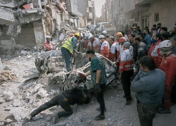 First responders inspect a destroyed car at the site of a residential building hit in an overnight strike during the US-Israeli military campaign in Tabriz, East Azerbaijan Province, northwestern Iran, Tuesday, March 24, 2026