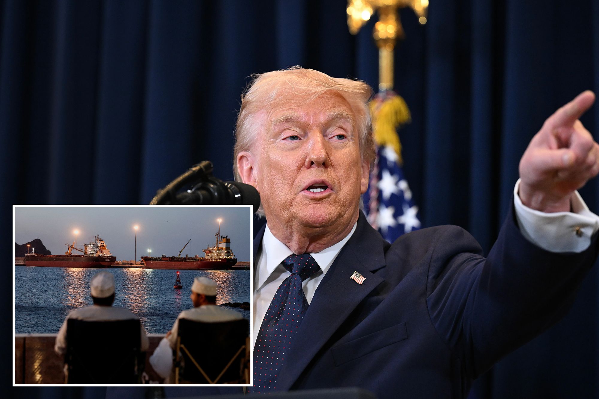 An image collage containing 2 images, Image 1 shows President Trump Speaks To The Press During A News Conference In Doral, Florida, Image 2 shows Galaxy Globe bulk carrier and Luojiashan tanker sit anchored in Muscat