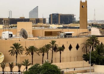 The US embassy headquarters in Riyadh, Saudi Arabia is photographed Tuesday after it was hit by suspected Iranian drone strikes. The Washington Post reported that the CIA station located at the embassy was blown up