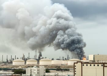 Smoke rises following a strike on the Bapco Oil Refinery