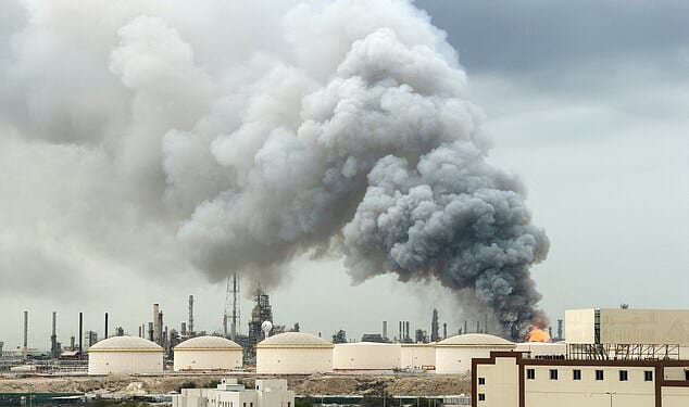 Smoke rises following a strike on the Bapco Oil Refinery