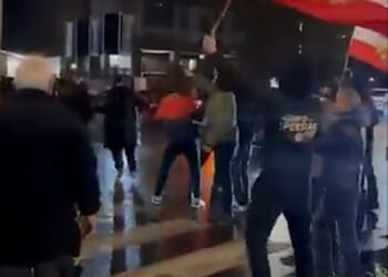 Iranian regime supporters violently clashed with monarchists in shocking scenes outside a London mosque on Friday night