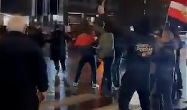 Iranian regime supporters violently clashed with monarchists in shocking scenes outside a London mosque on Friday night