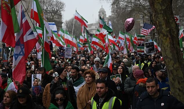 Thousands of Iranian protestors marched from Whitehall to the Iranian Embassy in London on Sunday calling for the British Government to proscribe the Islamic Revolutionary Guard Corps (IRGC)