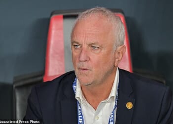Iraq's head coach Graham Arnold looks on during a 2026 World Cup play off soccer game