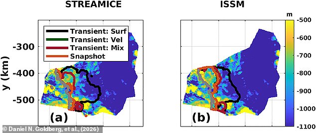 Scientists say that West Antarctica's Thwaites Glacier could lose 200 megatonnes of ice every year by 2067, as a study shows the glacier is melting faster than expected. Pictured: Maps showing models of ice loss speed on the Thwaites Glacier