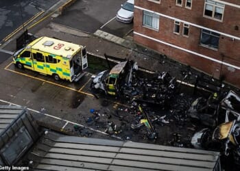 Three of the community ambulances were left in pieces and burned out after fires triggered explosions inside the vehicles