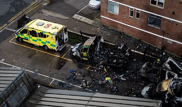 Three of the community ambulances were left in pieces and burned out after fires triggered explosions inside the vehicles