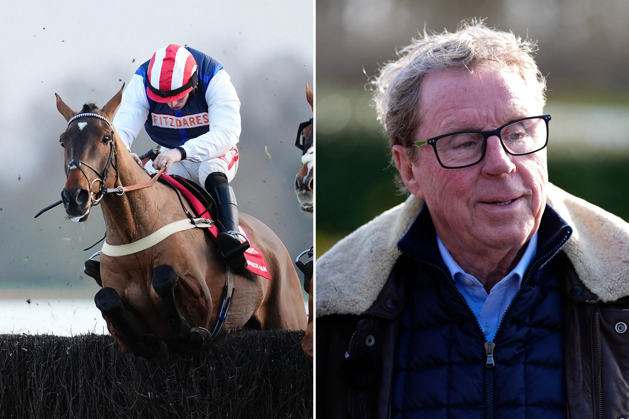An image collage containing 2 images, Image 1 shows Ladbrokes Christmas Festival - Day One - Kempton Park, Image 2 shows Harry Redknapp, owner of The Jukebox Man, wearing glasses and a jacket during a media morning