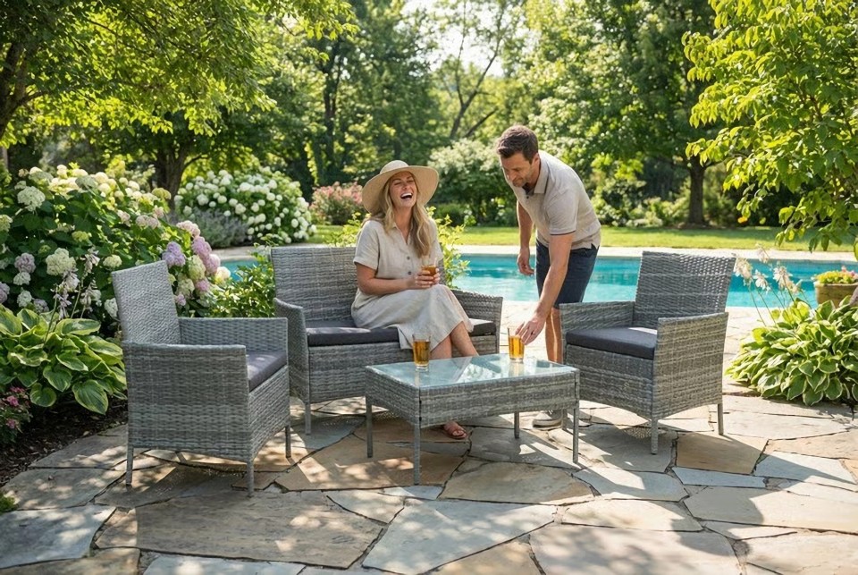 Two people enjoying drinks on a patio with gray rattan outdoor furniture.