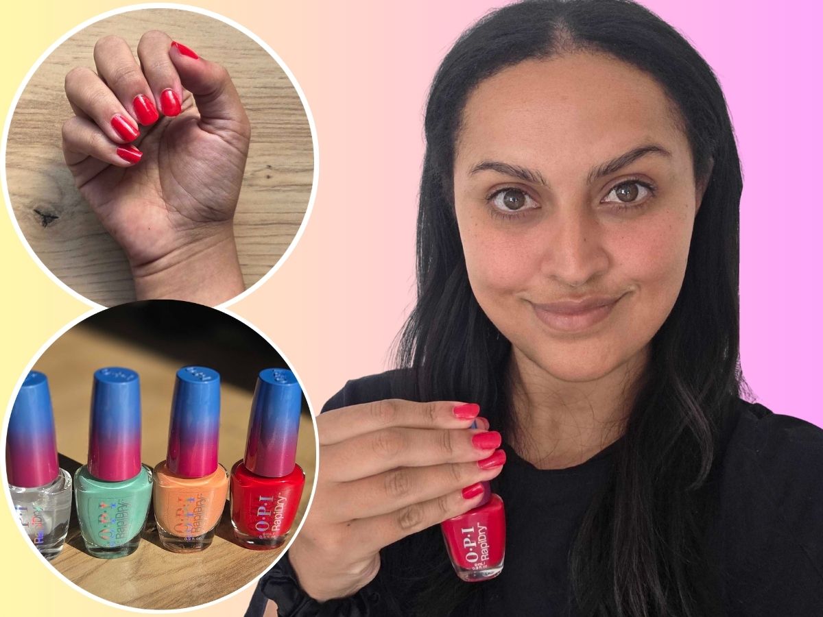 Collage of a woman wearing red OPI nail polish, a close-up of a hand with red OPI nail polish, and four bottles of OPI Rapid Dry nail polish.
