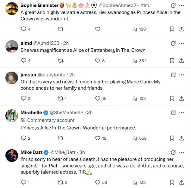 Tributes have poured in for Jane - whose career spanned over 60 years on the stage and screen - across social media.