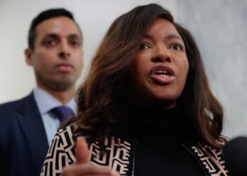 House Oversight and Government Reform Committee members Rep. Jasmine Crockett and Rep. Suhas Subramanyam talk to reporters following a closed-door, remote deposition from convicted child sex offender Ghislaine Maxwell in the Rayburn House Office Building on Capitol Hill on Feb. 9, 2026, in Washington, D.C.