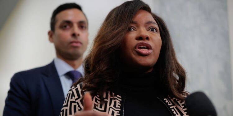 House Oversight and Government Reform Committee members Rep. Jasmine Crockett and Rep. Suhas Subramanyam talk to reporters following a closed-door, remote deposition from convicted child sex offender Ghislaine Maxwell in the Rayburn House Office Building on Capitol Hill on Feb. 9, 2026, in Washington, D.C.