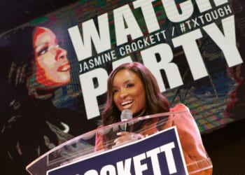 Rep. Jasmine Crockett speaks with supporters during her Senate primary election night party on March 3, 2026, in Dallas, Texas.