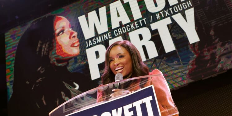 Rep. Jasmine Crockett speaks with supporters during her Senate primary election night party on March 3, 2026, in Dallas, Texas.