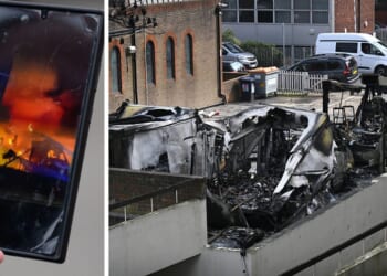 A witness shares video of an arson attack on London's Hatzola ambulance corps, left. The burnt wreckage of the ambulances is seen at right. Police said they are treating the incident as an anti-Semitic "hate crime." An Islamist organization has claimed responsibility for the attack.