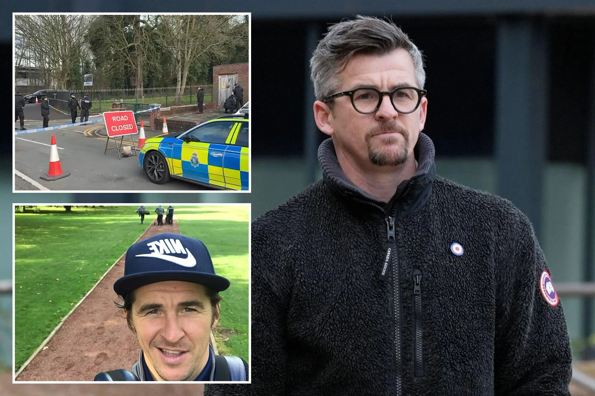 An image collage containing 3 images, Image 1 shows Joey Barton arriving at Liverpool Crown Court for sentencing, Image 2 shows Police at Prescot Golf Club with a "Road Closed" sign and police tape, Image 3 shows Joey Barton taking a selfie on a golf course with other golfers in the background