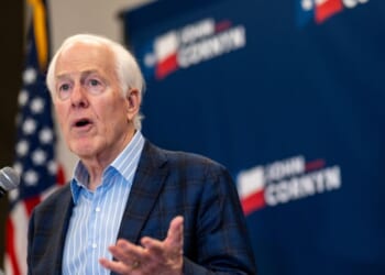 Sen. John Cornyn speaks to members of the media at the Austin Marriott Downtown on March 3, 2026, in Austin, Texas.