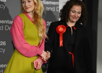 Hannah Spencer with Labour's Gorton and Denton candidate Angeliki Stogia, who came third in the by-election