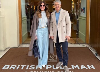 Karren Brady, 56, looked stylish as she held hands with husband Paul Peschisolido while treating her parents to their 60th wedding anniversary on the British Pullman on Friday