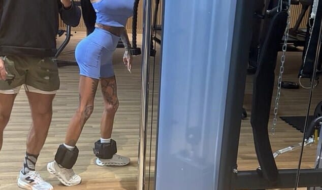 Katie Price hit the gym with her husband Lee Andrews as they posed for a mirror selfie for Instagram snaps in Dubai on Tuesday