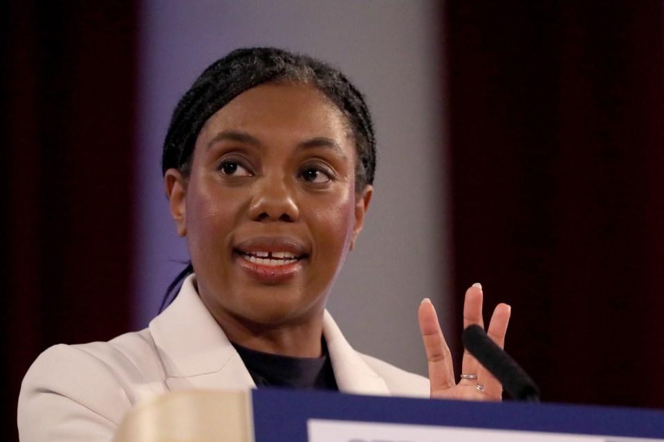 Conservative Party leader Kemi Badenoch speaking at an election campaign event.