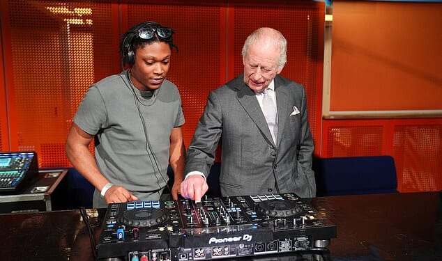 King Charles may have played the piano, trumpet and cello during his university years - but His Majesty struggled to master the 'fade' during a DJing lesson this morning