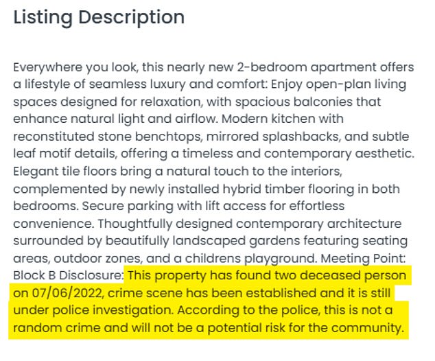 The real estate agent trying to rent out the unit where the Alsehli sisters died has added a 'material fact' statement to its advertisement, explaining the apartment's grim history