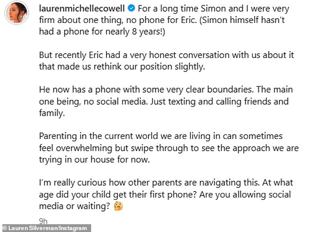 Lauren, who had been fiercely against Eric having a phone, revealed she had to rethink her stance after discovering her son had downloaded Snapchat on her phone