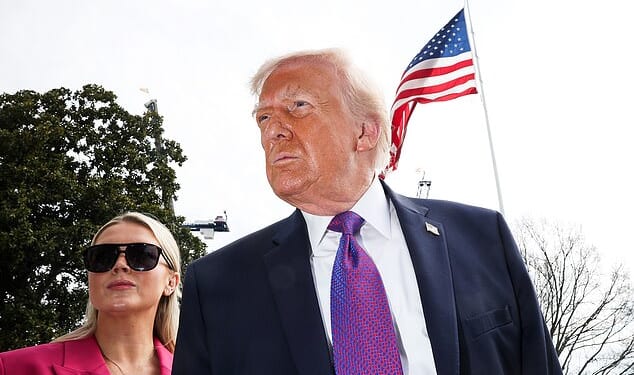 President Donald Trump speaks to reporters alongside White House Press Secretary Karoline Leavitt as he departs for Marine One on the South Lawn of the White House on March 11