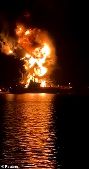An oil tanker burns in the Persian Gulf