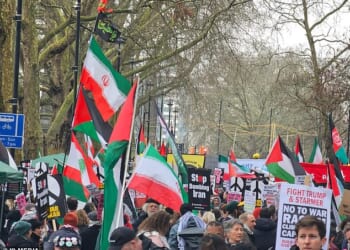 The pro-Iranian regime protestors gathered outside the US embassy in London, with some chanting 'victory to Iran' and 'death, death to the IDF'