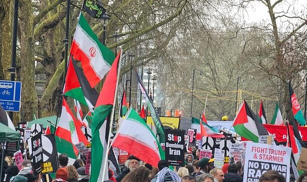 The pro-Iranian regime protestors gathered outside the US embassy in London, with some chanting 'victory to Iran' and 'death, death to the IDF'