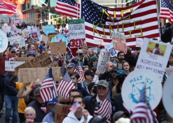 ‘No King’ Protesters in Manhattan, New York gather to denounce the Trump Administration in Oct. 18th, 2025.