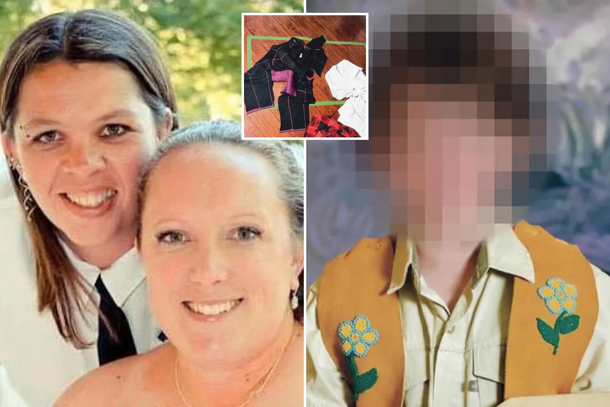 An image collage containing 3 images, Image 1 shows Two women, one in a white collared shirt and black tie, and the other in a strapless white top