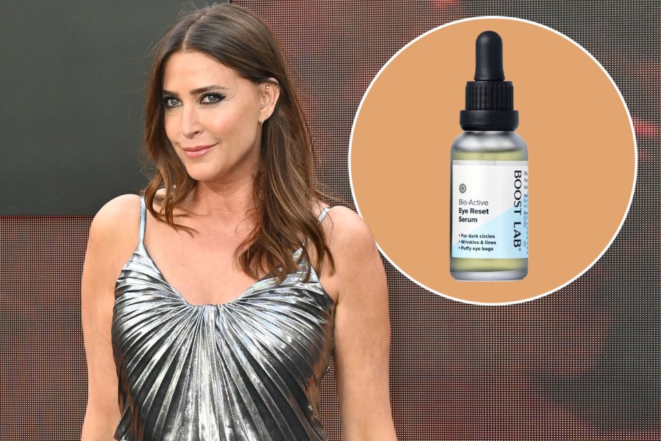 Collage of a woman in a silver dress and a bottle of Boost Lab Bio-Active Eye Reset Serum.