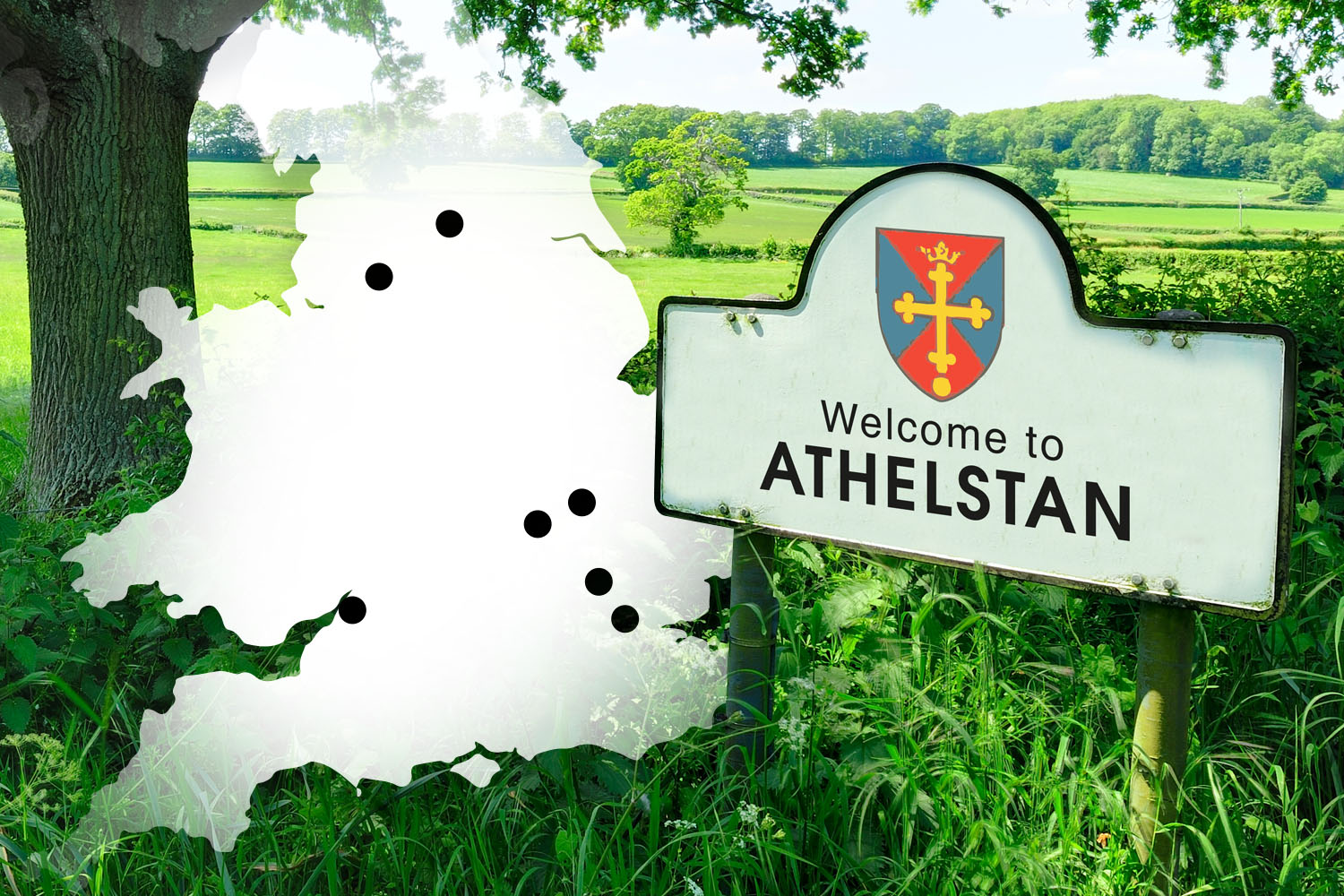 Collage of a map of Great Britain with black dots indicating locations overlaid on a background of a rural landscape and a "Welcome to Athelstown" sign.