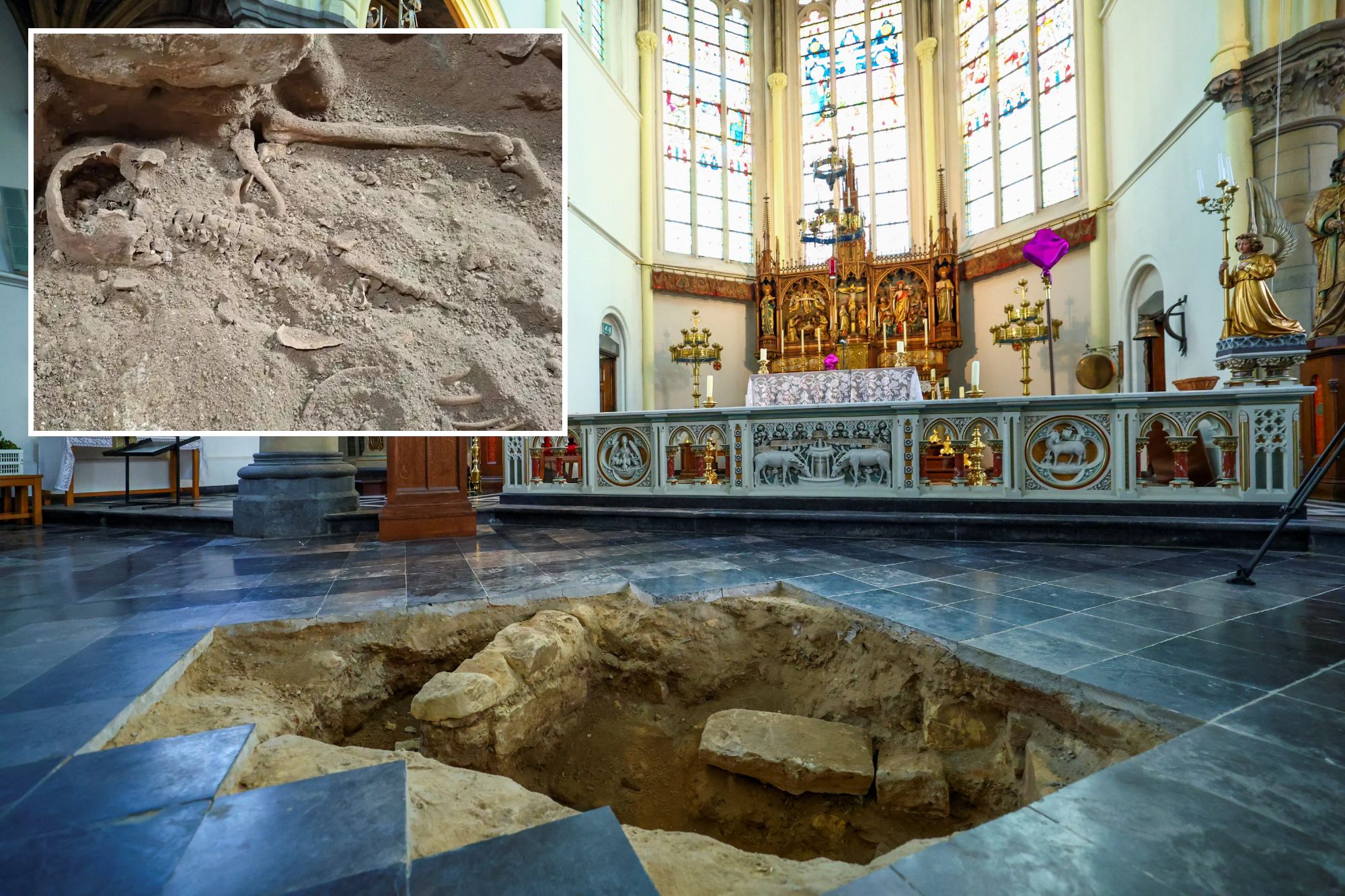 An image collage containing 2 images, Image 1 shows Excavation pit in the floor of the Peter and Paul Church in Maastricht, where archaeologists believe they may have found the skeletal remains of d'Artagnan, Image 2 shows Excavated remains, likely belonging to D'Artagnan, unearthed from a church floor