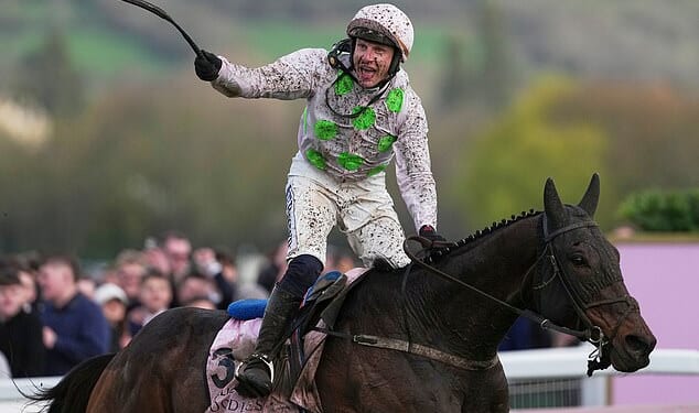 A lucky pensioner (not pictured) won almost £500,000 from a 50-cent bet at Cheltenham Festival (pictured: Gaelic Warrior and Paul Townend celebrate after winning the Gold Cup)