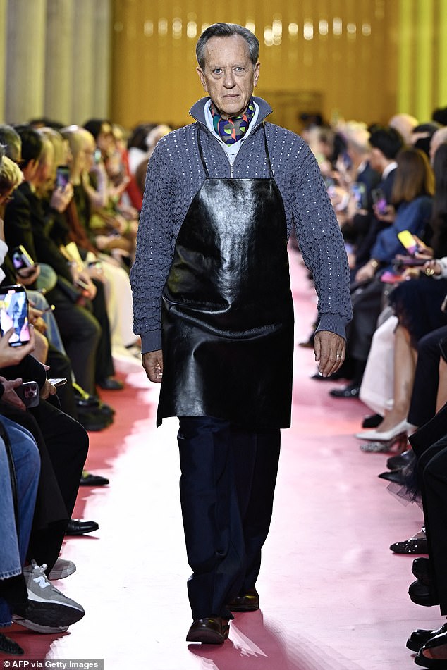 Meanwhile, at Miu Miu's catwalk for Paris Fashion Week in October, Richard Grant, 67, showcased their spring apron collection and wore a leather apron over a shirt and pullover as he walked the runway