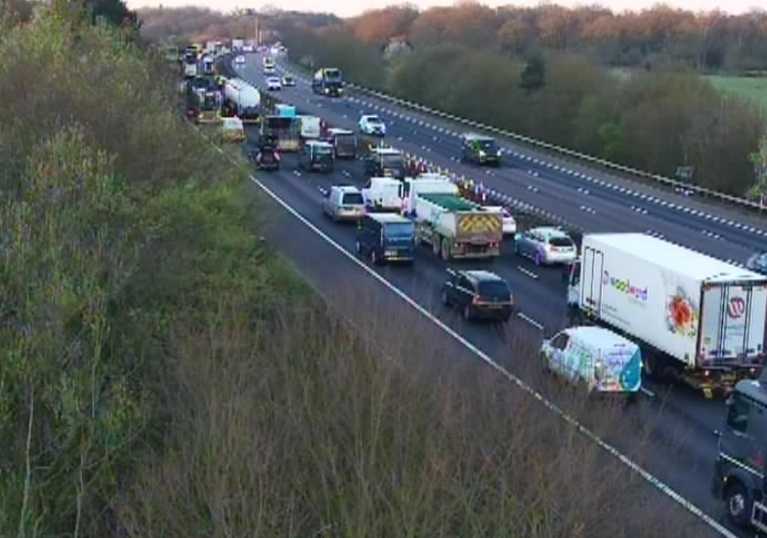 Heavy traffic on a multi-lane highway.