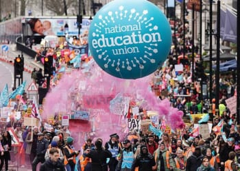 National Education Union members pictured during a strike in 2023 as a march made its way to a rally in Trafalgar Square