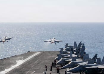 In this handout photo provided by the U.S. Navy, Two F/A-18 Super Hornets launch from the flight deck of Nimitz-class aircraft carrier USS Abraham Lincoln (CVN 72) in support of Operation Epic Fury on March 3, 2026, in the Mediterranean Sea.
