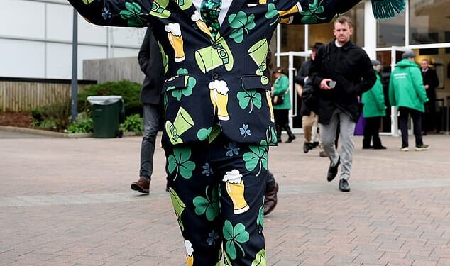 One racegoer donned a suit decorated with shamrocks, leprechaun hats and pints of beer. He finished the outfit with a green hat