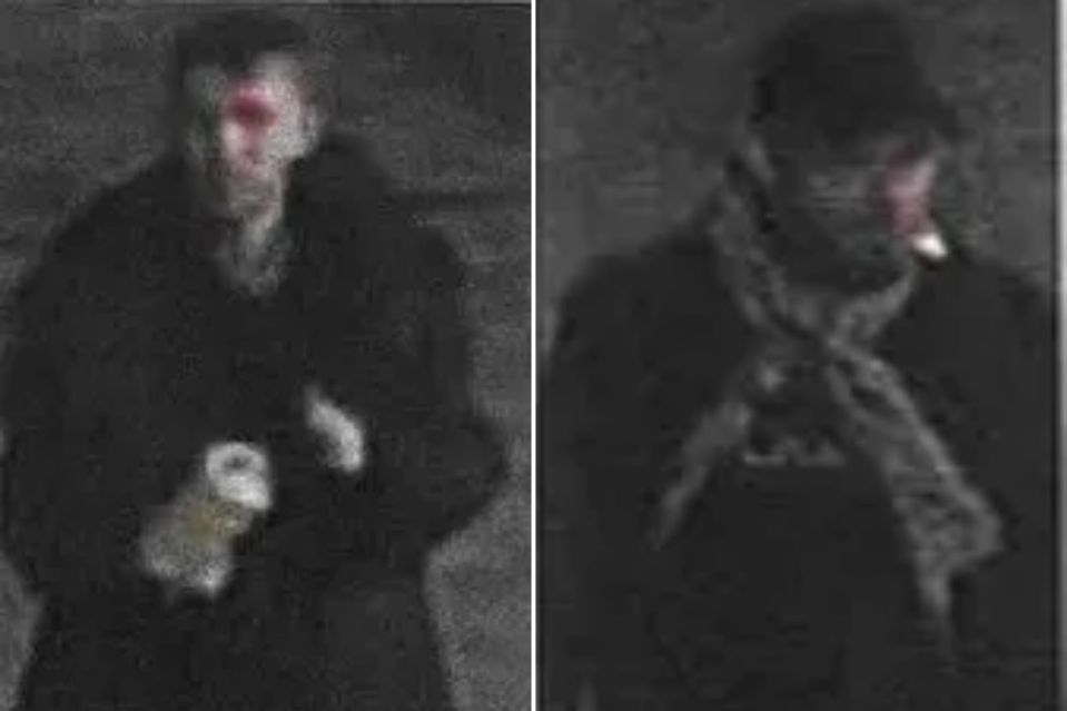 An image collage containing 2 images, Image 1 shows CCTV image of a man in a dark coat, with a blurry red area around his face and holding a light-colored object, Image 2 shows CCTV image of a man wearing a dark coat, hat, and scarf, with a cigarette in his mouth