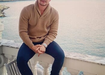 Mikey Pembroke (pictured) has shared terrifying footage as air strikes rain down on his Dubai apartment